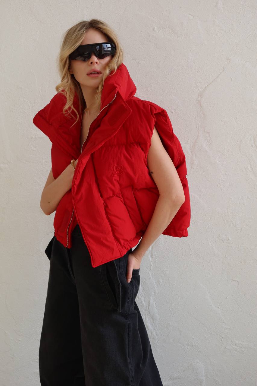 Shortened red down vest