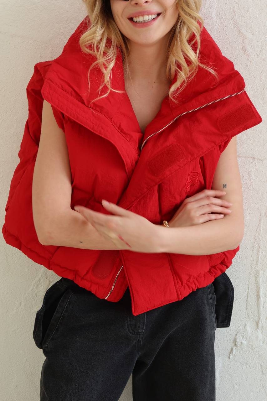 Shortened red down vest